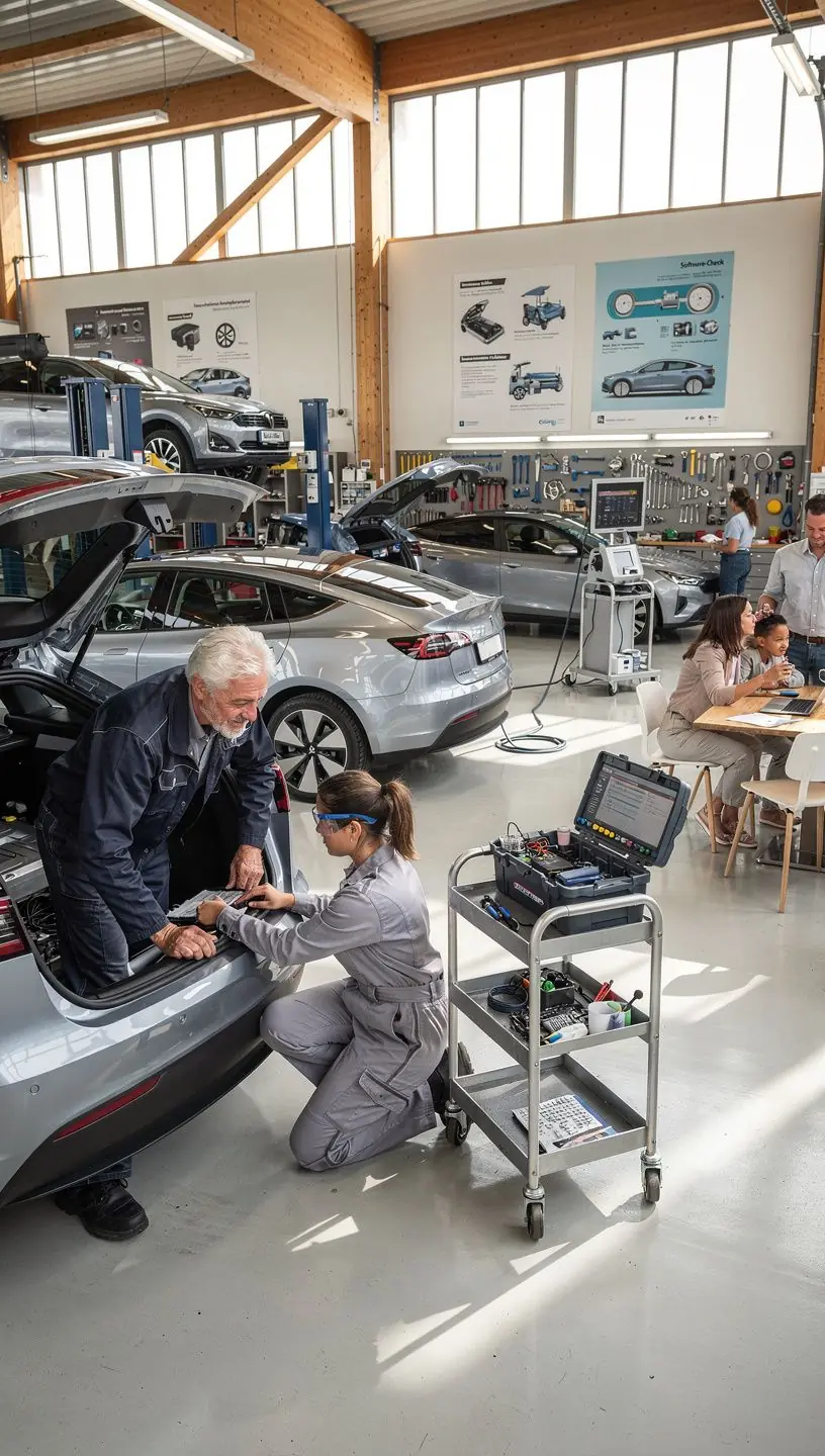 Mechaniker ersetzt die Bremsbeläge eines Elektroautos unter professioneller Anleitung